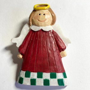 Vintage Christmas Angel Pin Brooch Red Green White Resin Halo Painted Wings